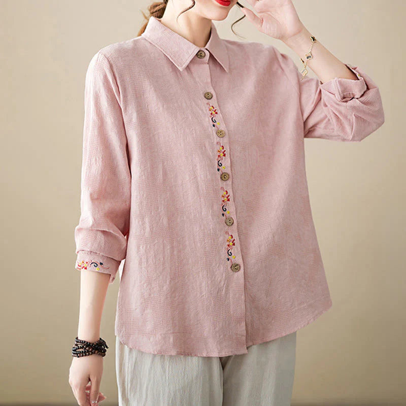 Buddha Stones Spring Plain Embroidered Flower Pattern Button Women's Long Sleeve Cotton Lapel Shirt