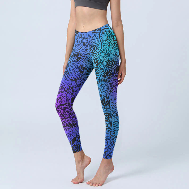 Buddha Stones Flowers And Leaves Pattern Print Gym Leggings Women's Yoga Pants