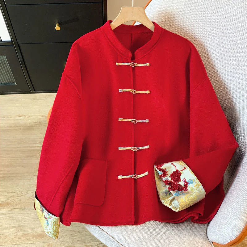 Buddha Stones Winter Embroidery Buttons Design Long Sleeve Women's Cotton Jacket With Pockets