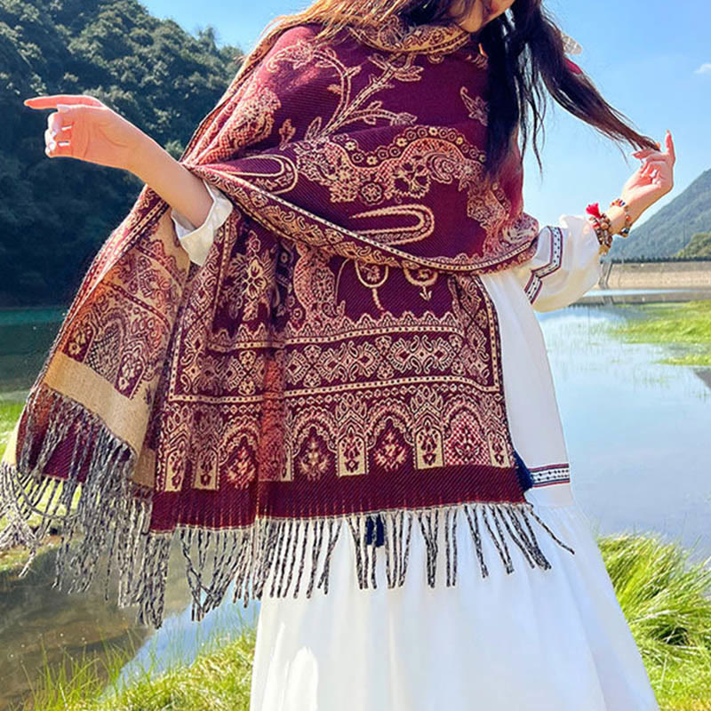 Buddha Stones Jacquard Ethnic Paisley Plants Pattern Tassel Soft Thermal Scarf Shawl