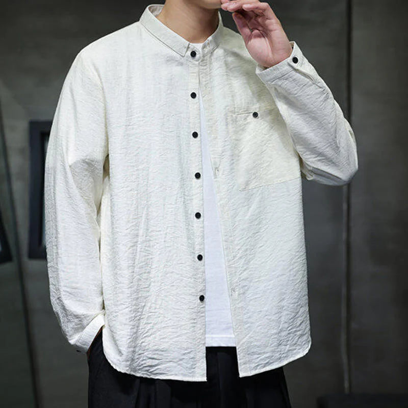 Buddha Stones Spring Men's Solid Color Buttons Design Long Sleeve Shirt