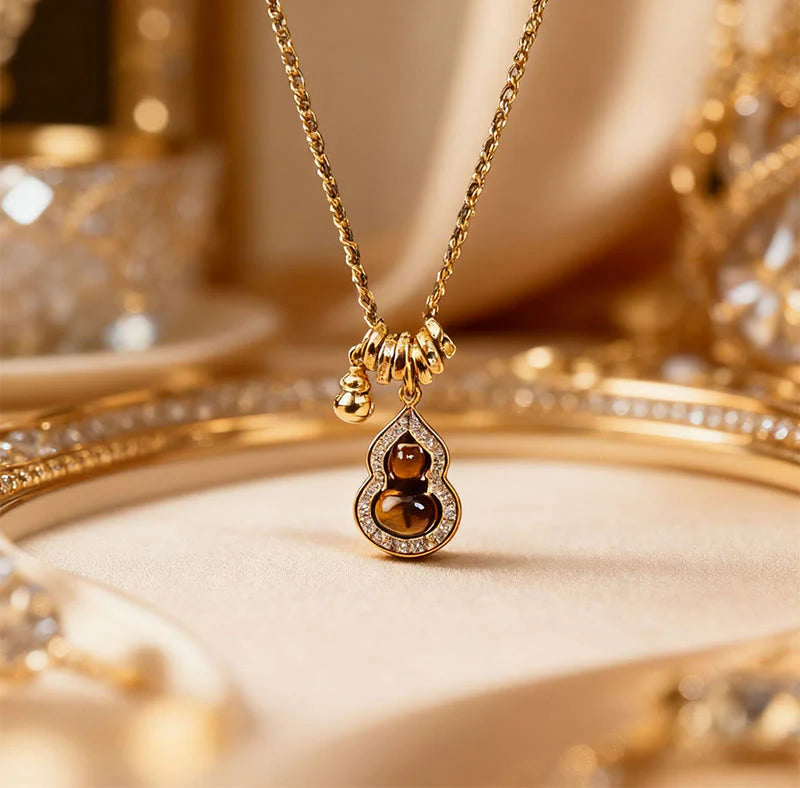 Buddha Stones Double Gourd Tiger Eye Copper Plated Gold Strength Necklace Pendant
