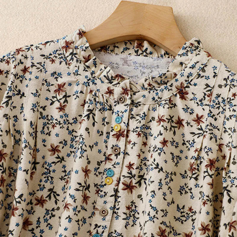 Buddha Stones Fall Floral Print Buttons Down Design Women's Cotton Long Sleeve Shirt