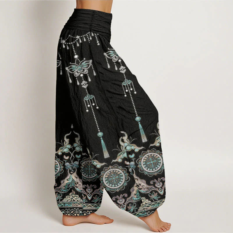 Buddha Stones Cotton Classic Jewelry Butterfly Flower Tassel Pattern Women's Elastic Waist Harem Pants