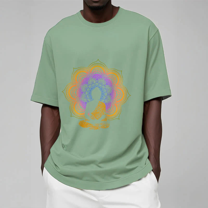 Buddha Stones Multicolor Mandala Flower Seated Buddha Pattern Tee T-shirt