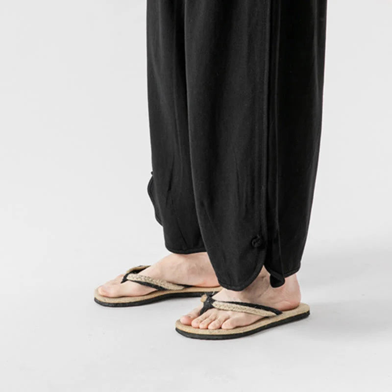 Buddha Stones Summer Plain Drawstring Design Linen Cotton Men's 7-8 Length Pants With Pockets