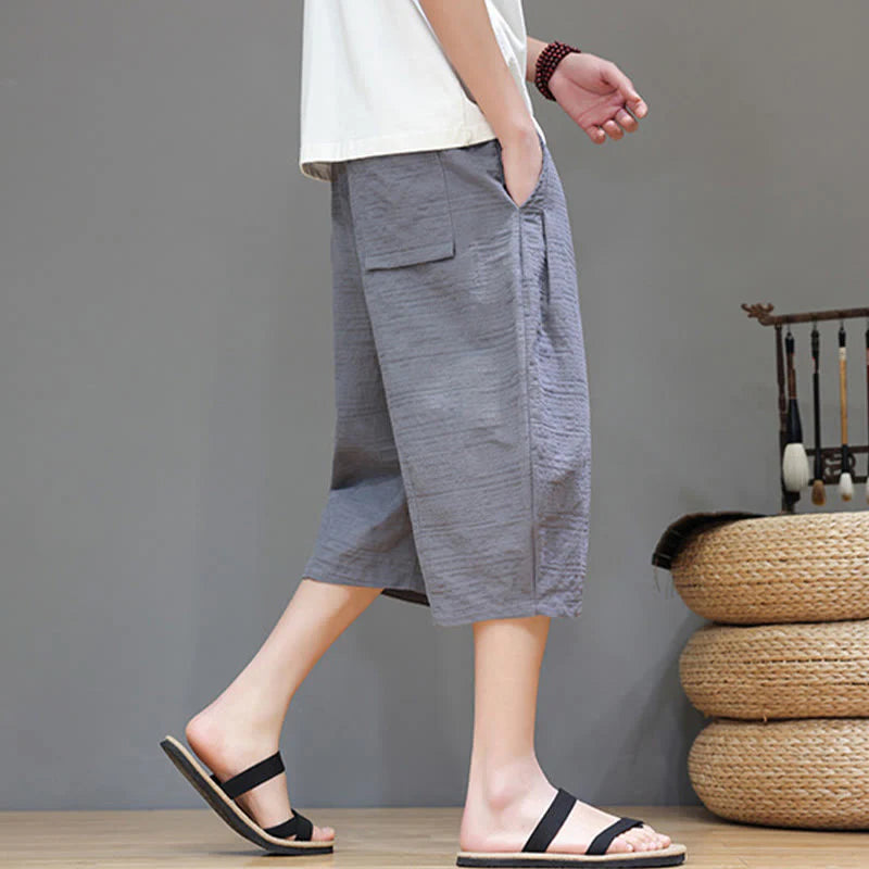 Buddha Stones Vintage Jacquard Solid Color Drawstring Cropped Cotton Linen Men's Harem Pants With Pockets