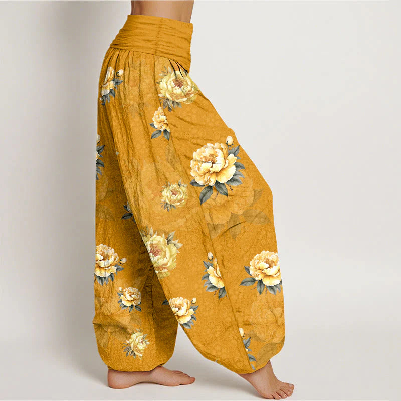 Buddha Stones Cotton Delicate Peony Pattern Women's Elastic Waist Harem Pants
