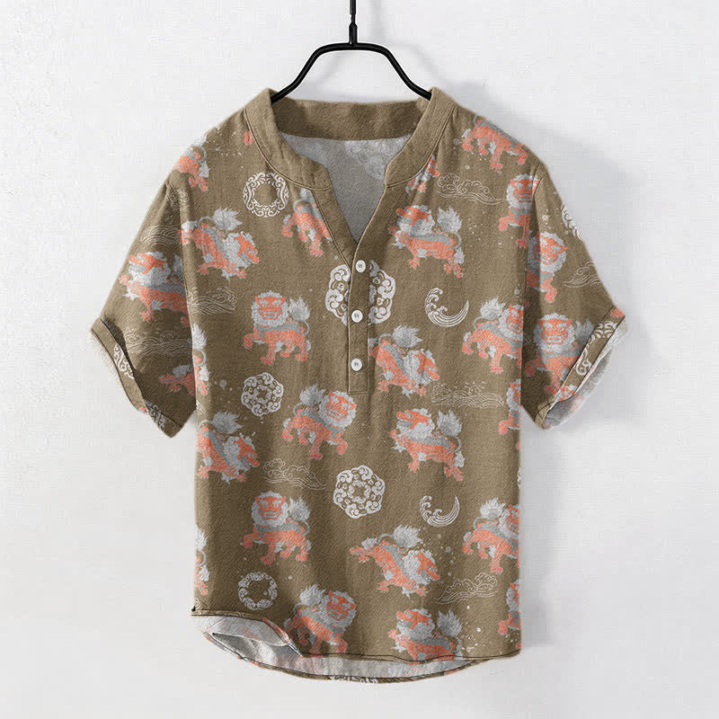 Buddha Stones Cotton Lion Waves Cloud Men's Short Sleeve Shirt Lightweight Resort Boxy Fit