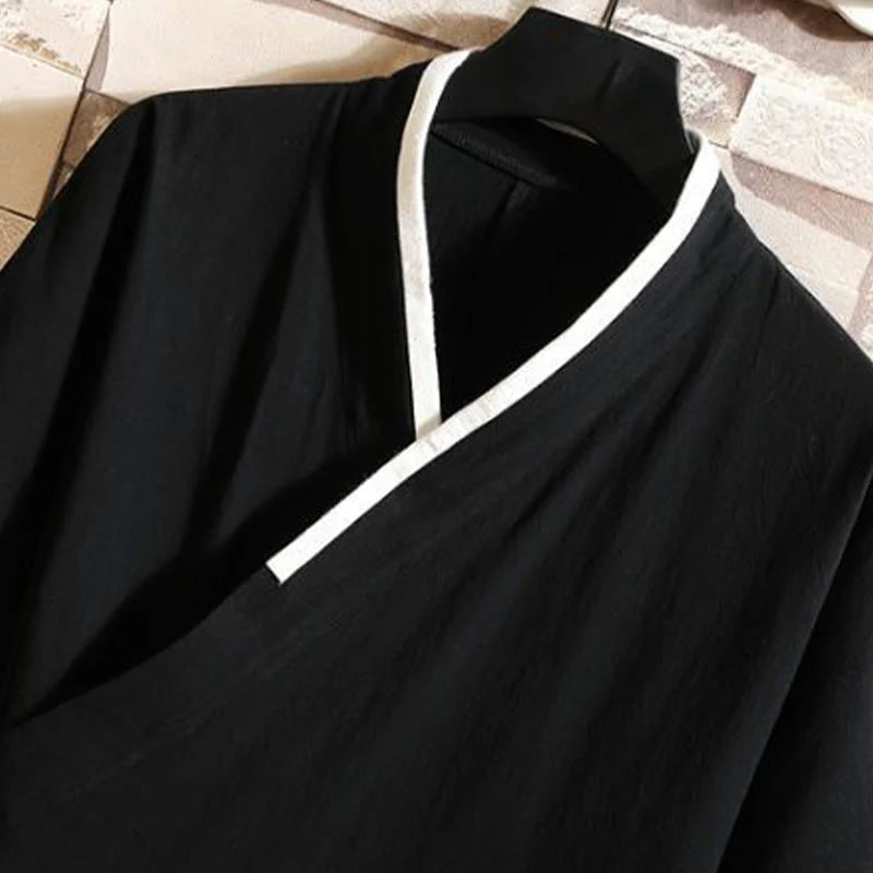 Buddha Stones Embroidered Crane Auspicious Cloud Pattern Open Front Short Sleeve Jacket Men's Cotton Kimono