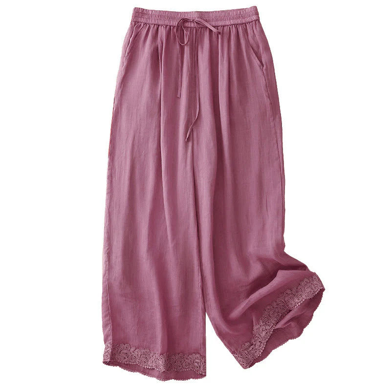 Buddha Stones Causal Vintage Plain Drawstring Lace Patchwork Design Women's Wide Leg Cotton Elastic Waistband Pants With Pockets