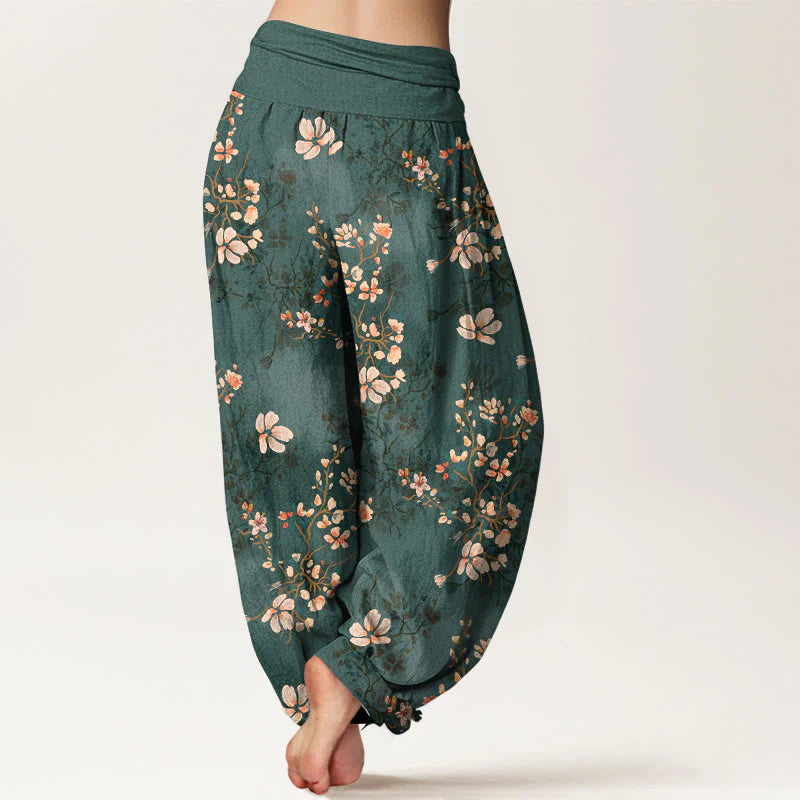 Buddha Stones Pure Cotton Cherry Blossom Women's Elastic Waist Harem Pants