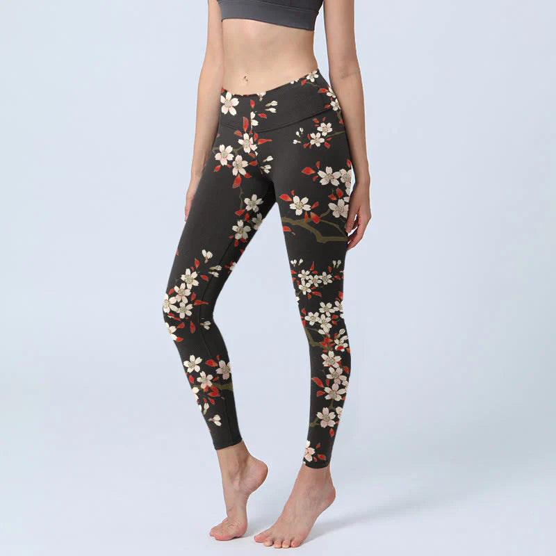 Buddha Stones White Cherry Blossoms Red Leaves Print Gym Leggings Women's Yoga Pants