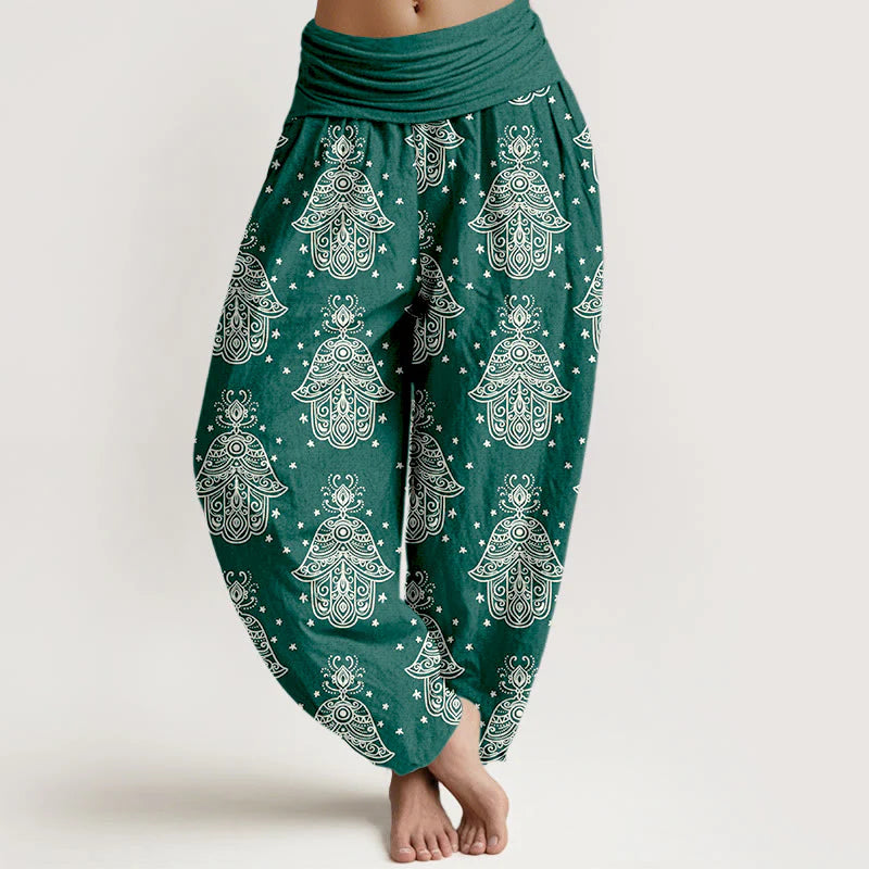 Buddha Stones Cotton Neatly Arranged Hamsa's Hand Pattern Women's Elastic Waist Harem Pants