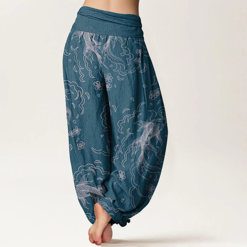 Buddha Stones Cotton Casual Koi Fish Waves And Petal Line Pattern Women's Elastic Waist Harem Pants