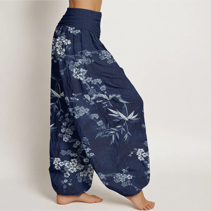 Buddha Stones Cotton White Sakura Flower Pattern Women's Elastic Waist Harem Pants