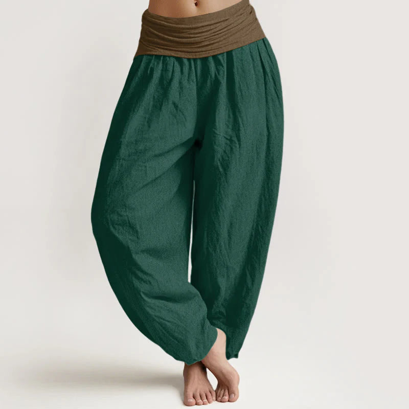 Buddha Stones Cotton Black Green Tan Solid Color Women's Elastic Waist Harem Pants