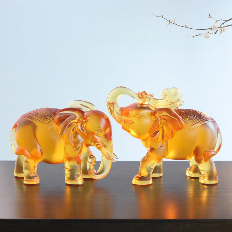 Buddha Stones Yellow Liuli Crystal Elephant Trunk Up Down Design Strength Home Decoration