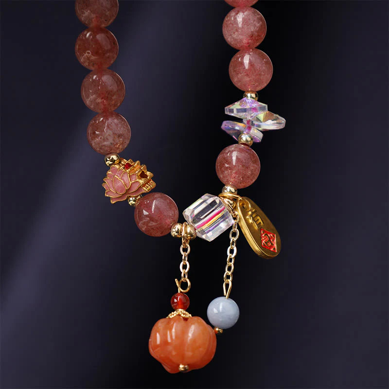 Buddha Stones Natural Strawberry Quartz Fu Character Pumpkin Charm Positive Bracelet (Extra 35% Off | USE CODE: FS35)