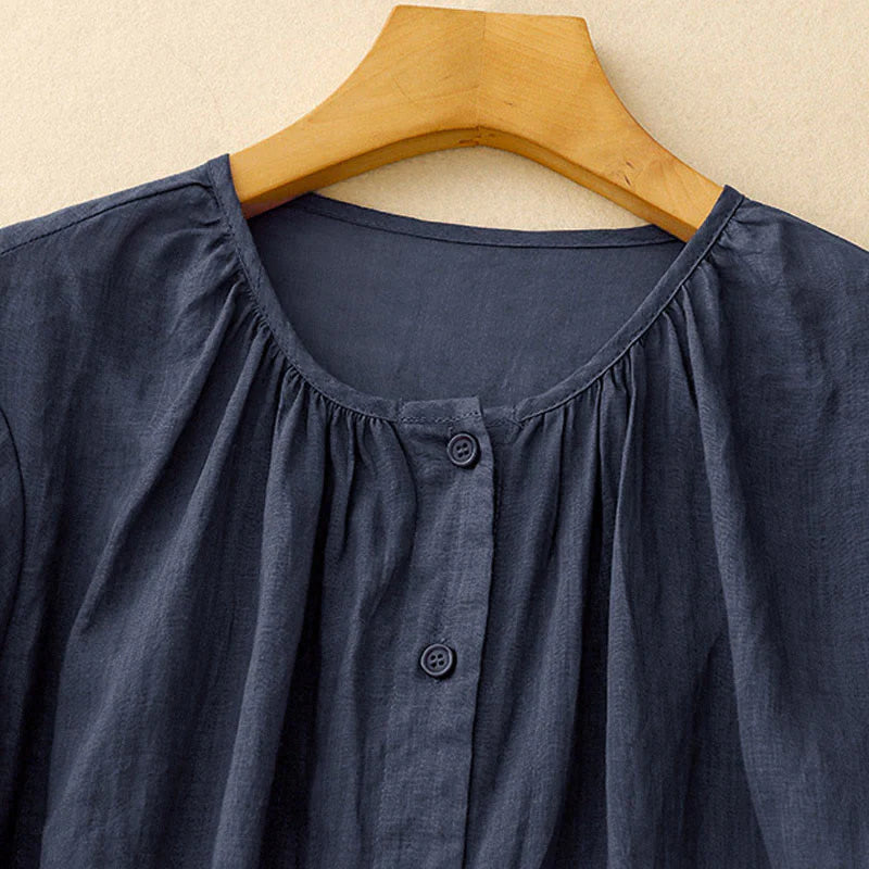 Buddha Stones Plain Button Crew Neck Design Women's Blend Three Quarter Sleeve Shirt