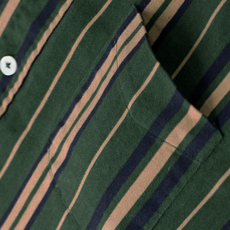 Buddha Stones Retro Color Blocked Stripes Long Sleeve Button Men's Cotton Shirts With Pocket