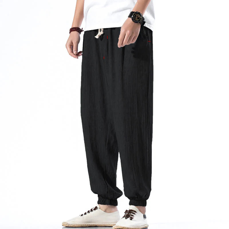 Buddha Stones Casual Solid Color Drawstring Linen Men's Pants With Pockets