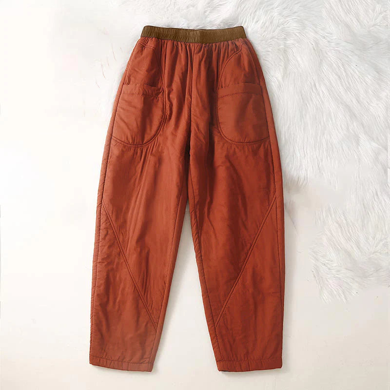 Buddha Stones Women's Winter Plain Elastic Waist Design Thickened Harem Pants With Pockets