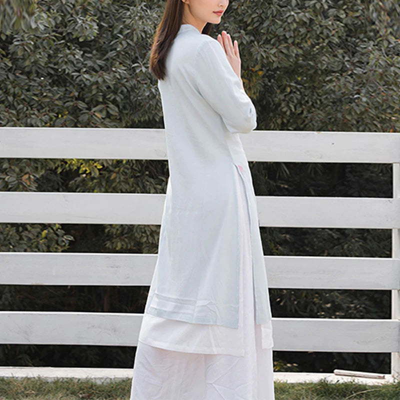 Buddha Stones 2Pcs Lotus Pattern Tai Chi Meditation Yoga Cotton Linen Clothing Top Pants Women's Set  (Extra 30% Off | USE CODE: FS30)
