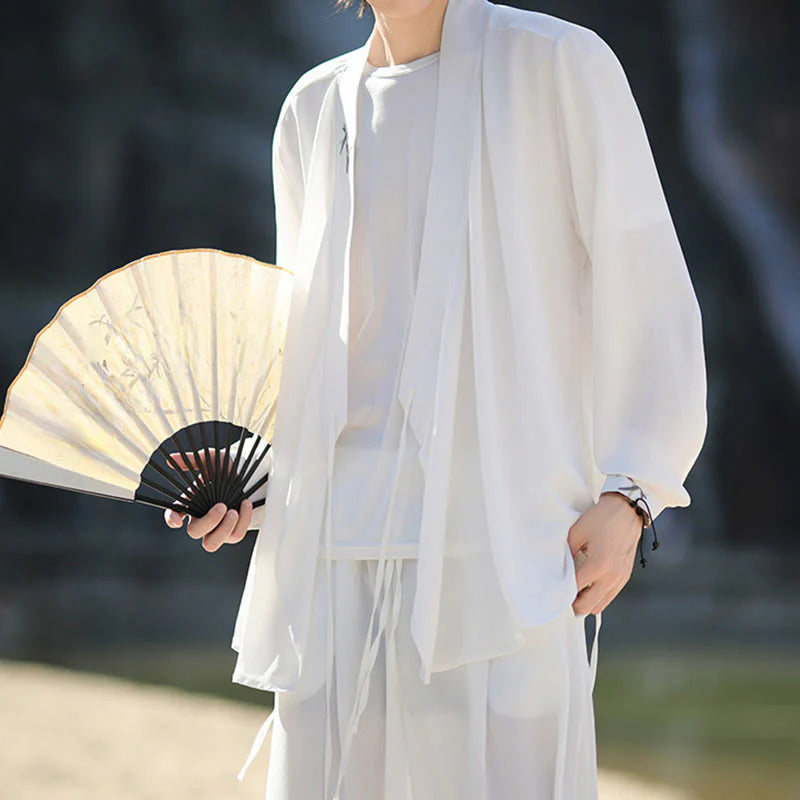 Buddha Stones 2Pcs Fall Lace-up Bamboo Embroidery Cotton Kimono Ankle-Length Pants With Pockets Men's Meditation Cloth Set
