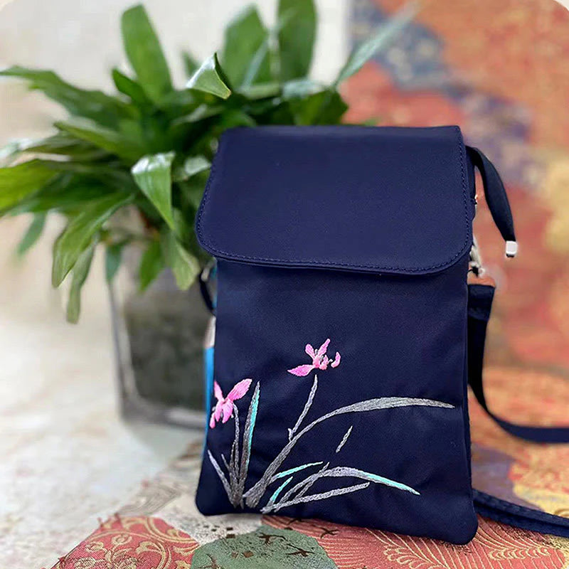 Buddha Stones Waterproof Handmade Embroidered Lotus Flowers Crossbody Bag Shoulder Bag Cellphone Bag