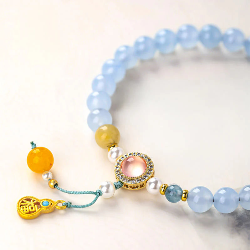 Buddha Stones Blue Chalcedony Fu Character Cat Paw Healing Bracelet