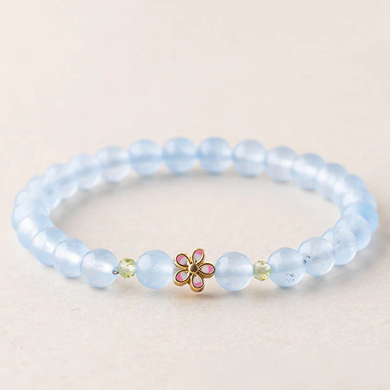Buddha Stones Natural Aquamarine Gold-Plated Copper Flower Healing Bracelet