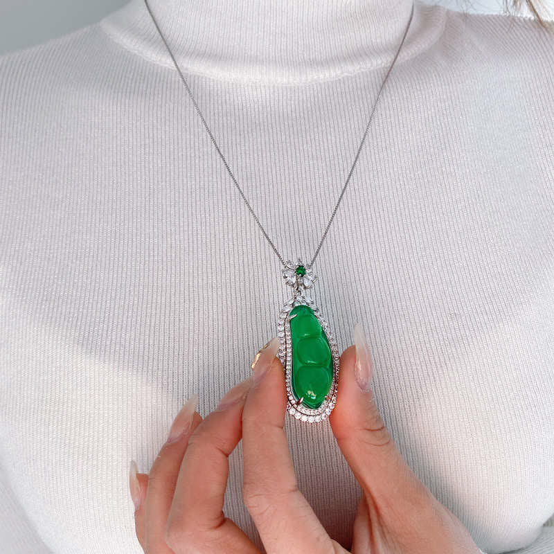 Buddha Stones Fortune Bean Cyan Jade Luck Necklace Pendant