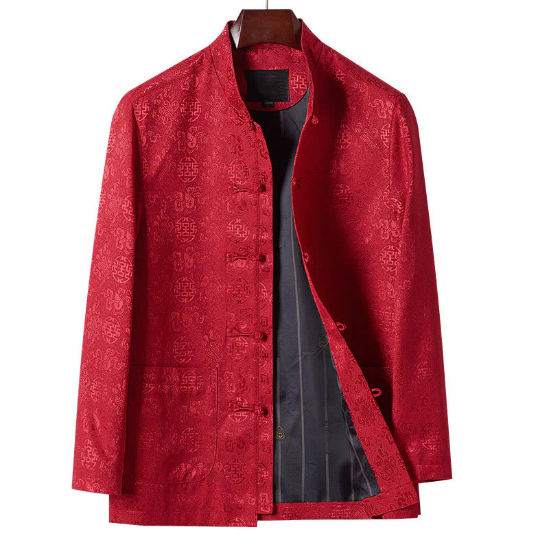Buddha Stones Embroidery Pattern Stand Collar Long Sleeve Men's Tang Suit Jacket With Pockets