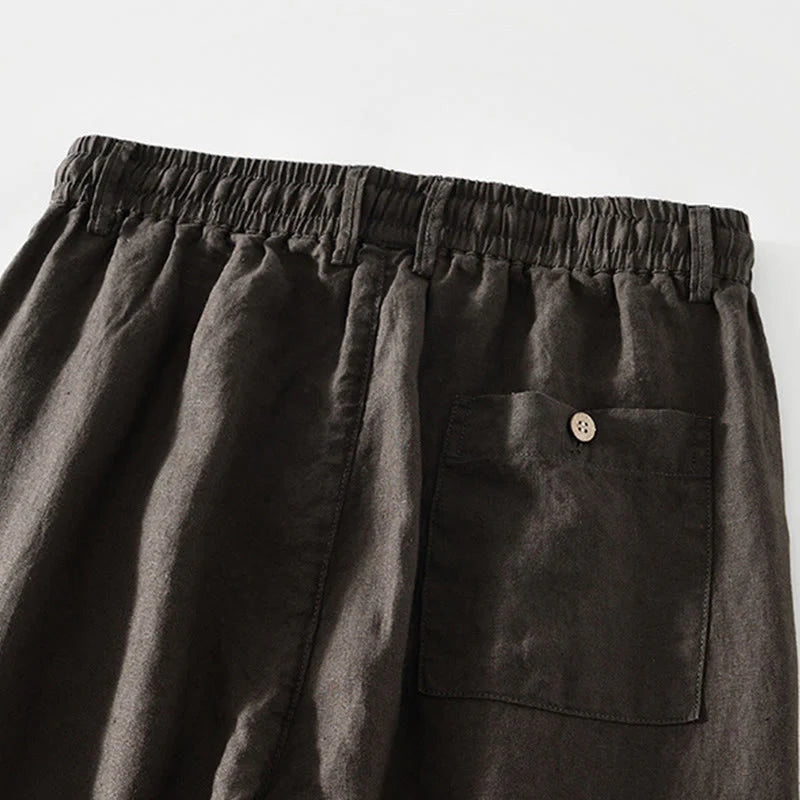 Buddha Stones Fall Solid Drawstring Elastic Waist Men's Linen Straight Leg Pants With Pockets