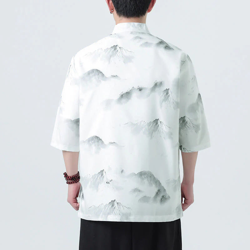 Buddha Stones Printing Chinese Ink Landscape Pattern Men's Frog-button Half Sleeve Shirts
