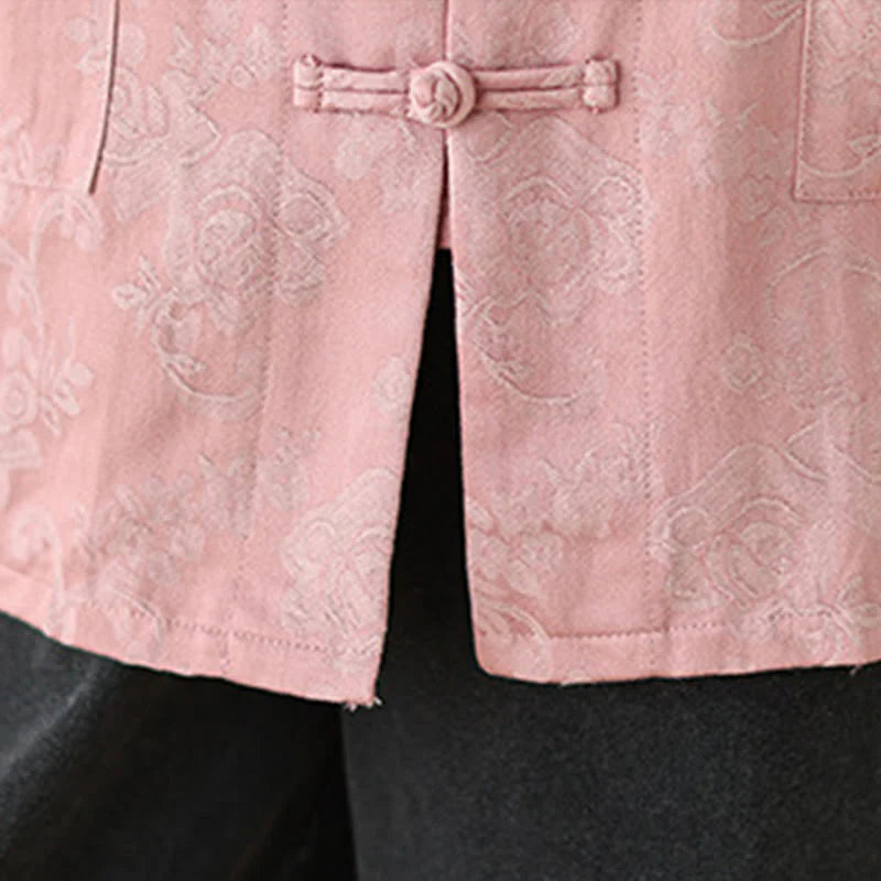 Buddha Stones Fall Floral Print Frog-Button Stand Collar Long Sleeve Women's Cotton Shirt