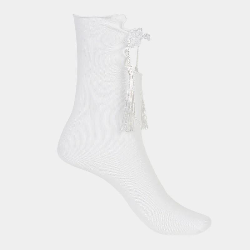 Buddha Stones Pure Color Chinese Frog-Button Tassels Design Women's Micro Crew Cotton Socks