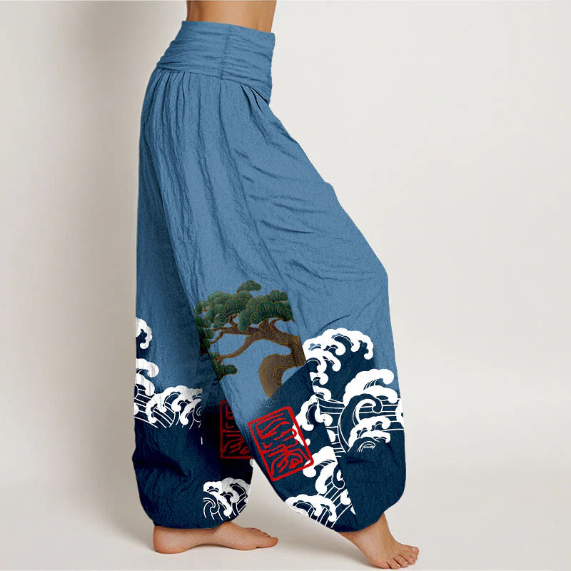 Buddha Stones Print Pure Cotton Pine Tree Rolling Waves Pattern Women's Elastic Waist Harem Pants