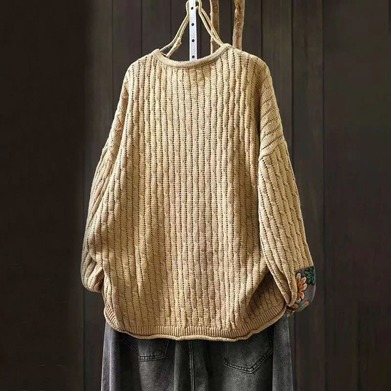Buddha Stones Winter Patchwork Design Long Sleeve Crew Neck Women's Cotton Sweater