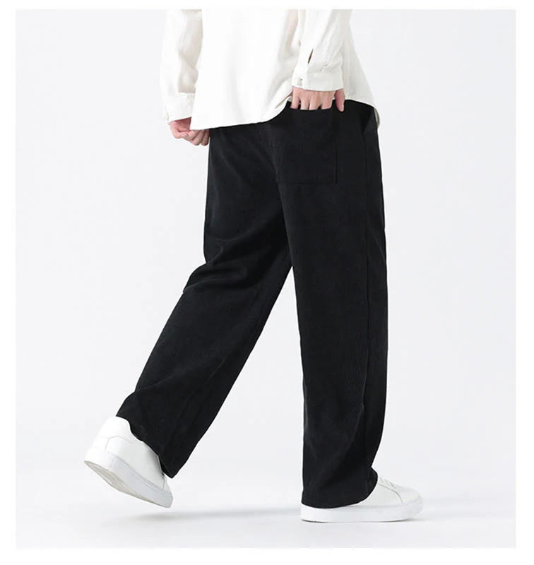 Buddha Stones Fall Solid Frog-Button Men's Drawstring Corduroy Straight Leg Pants With Pockets