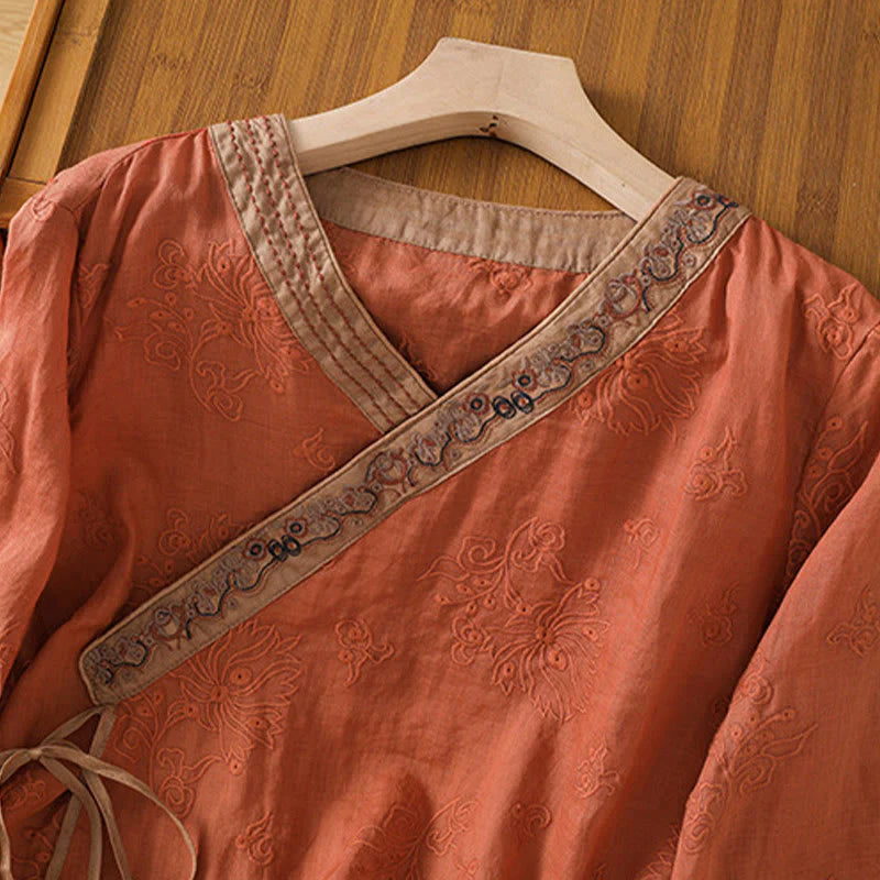 Buddha Stones Summer Vintage Embroidery Plant Floral Lace-Up Design V-Neck Women's Cotton Linen Shirt