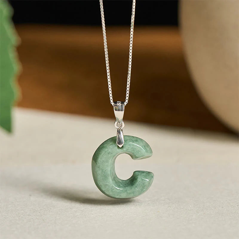 Buddha Stones Natural A-Z Letter Jade 925 Sterling Silver Silm Chain Prosperity Necklace Pendant