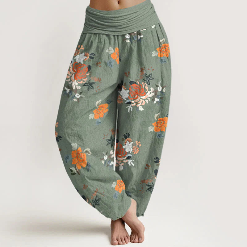 Buddha Stones Pure Cotton Vibrant Color Flowers Leaves Pattern Women's Elastic Waist Harem Pants