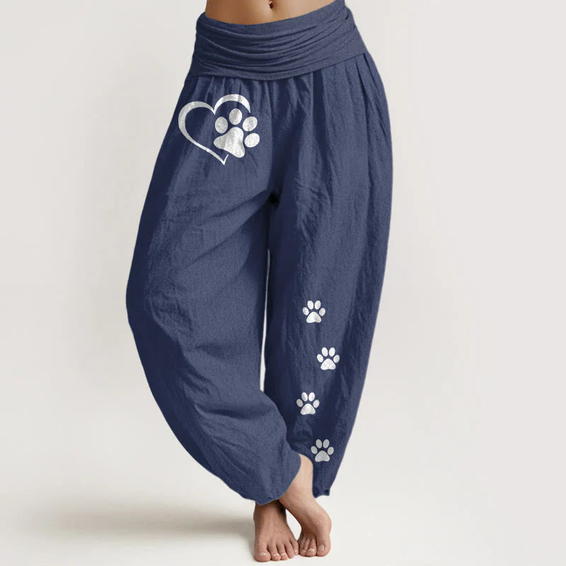 Buddha Stones Pure Cotton Concise Cat Paw Prints Heart-Shaped Pattern Women's Elastic Waist Harem Pants