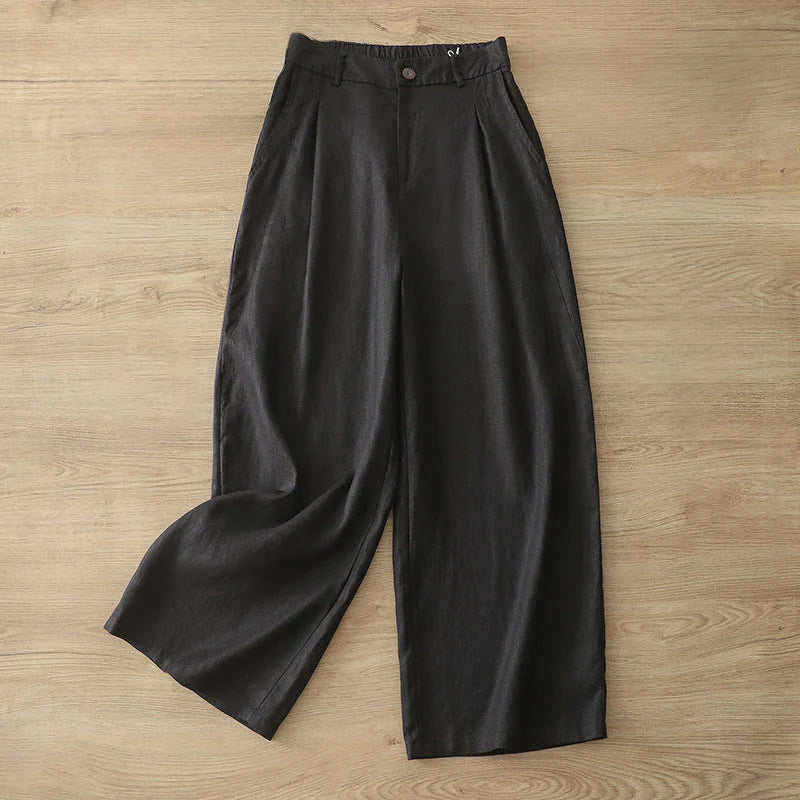 Buddha Stones Women's Fall Commute Solid Color Zipper Design Cotton Wide Leg Pants With Pockets