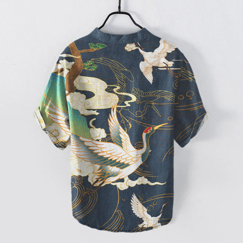 Buddha Stones Cotton Crane Auspicious Clouds Pine Pattern Men's Short Sleeve Half Button Shirt