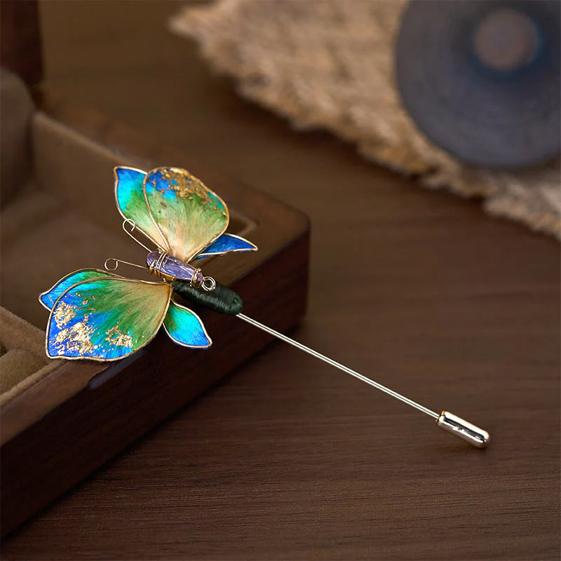 Buddha Stones Handcrafted Silk Art Velvet Flower Blue Green Gradient Butterfly Brooch