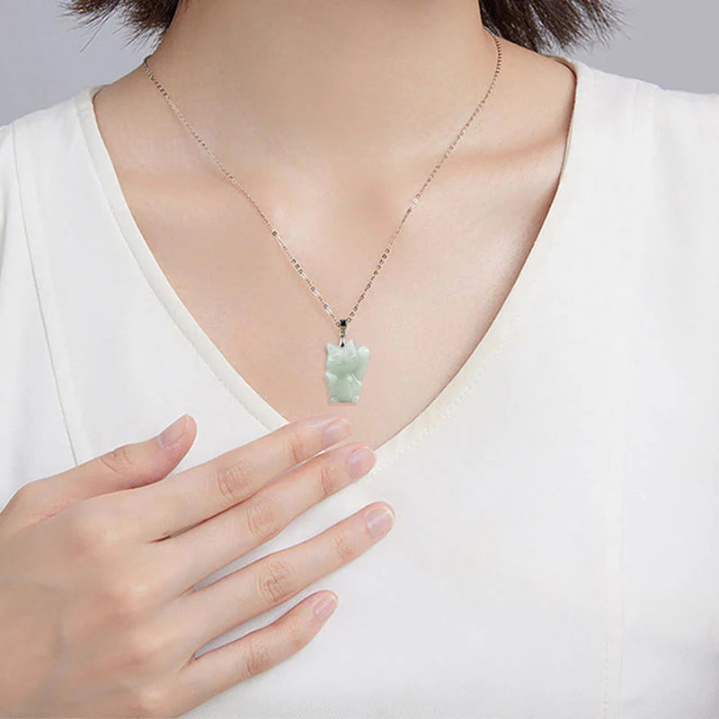 Buddha Stones Jade Fortune Cat Prosperity Titanium Steel Necklace Pendant