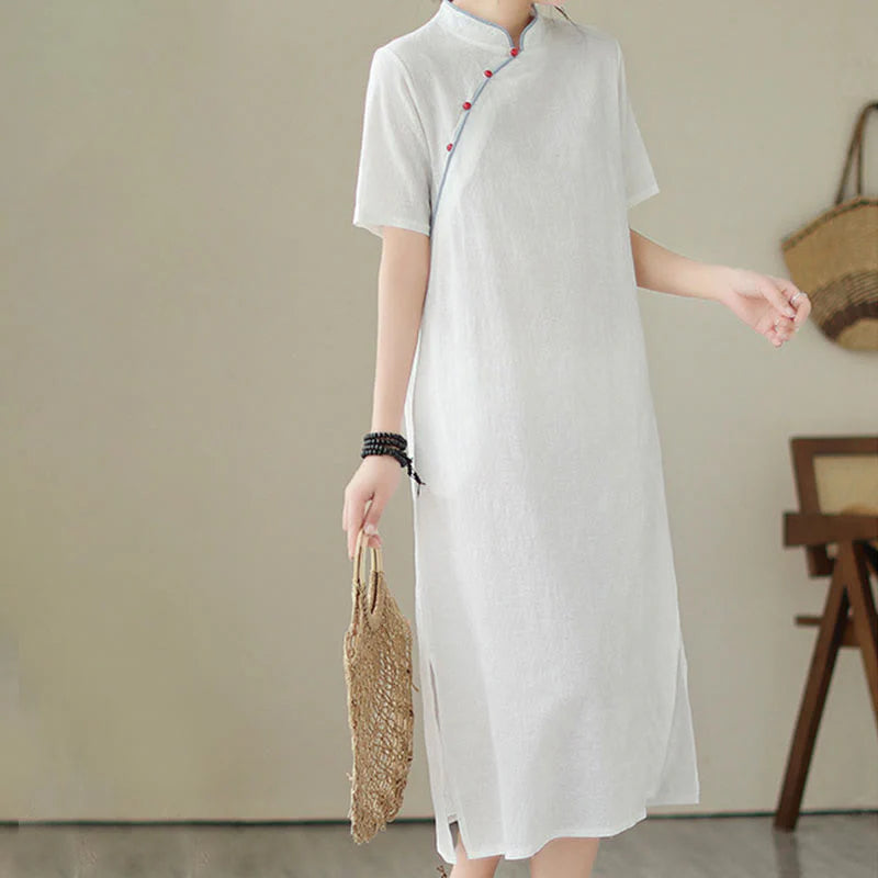 Buddha Stones Pure Color Short Sleeve Jacquard Chinese Cheongsam Qipao Midi Dress With Pockets